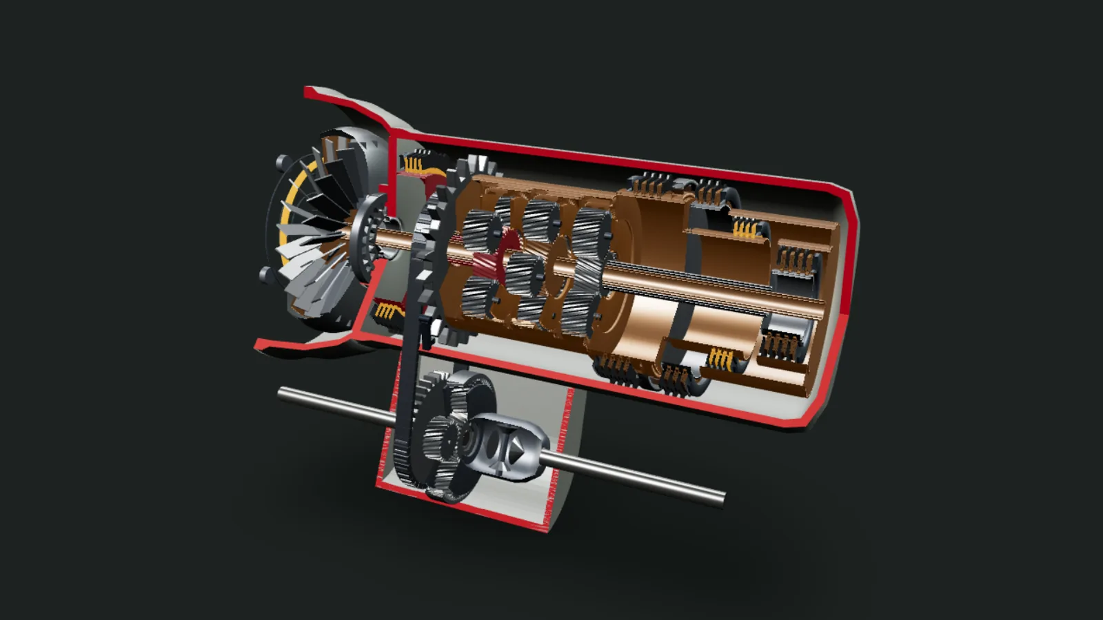 3D cutaway of the Ford 6F35 six-speed automatic used in the 2009-2019 Escape: torque converter, pump, chain drive, three planetary gearsets, five clutch packs, the one-way clutch, and the final drive and differential.